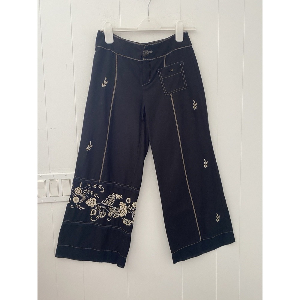 Burning Torch Black Embroidered Wide Leg Pants Size 4 Floral Boho Utility
